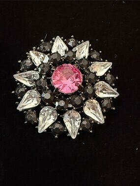 Vintage Unsigned Black Pink & Clear Rhinestone Brooch